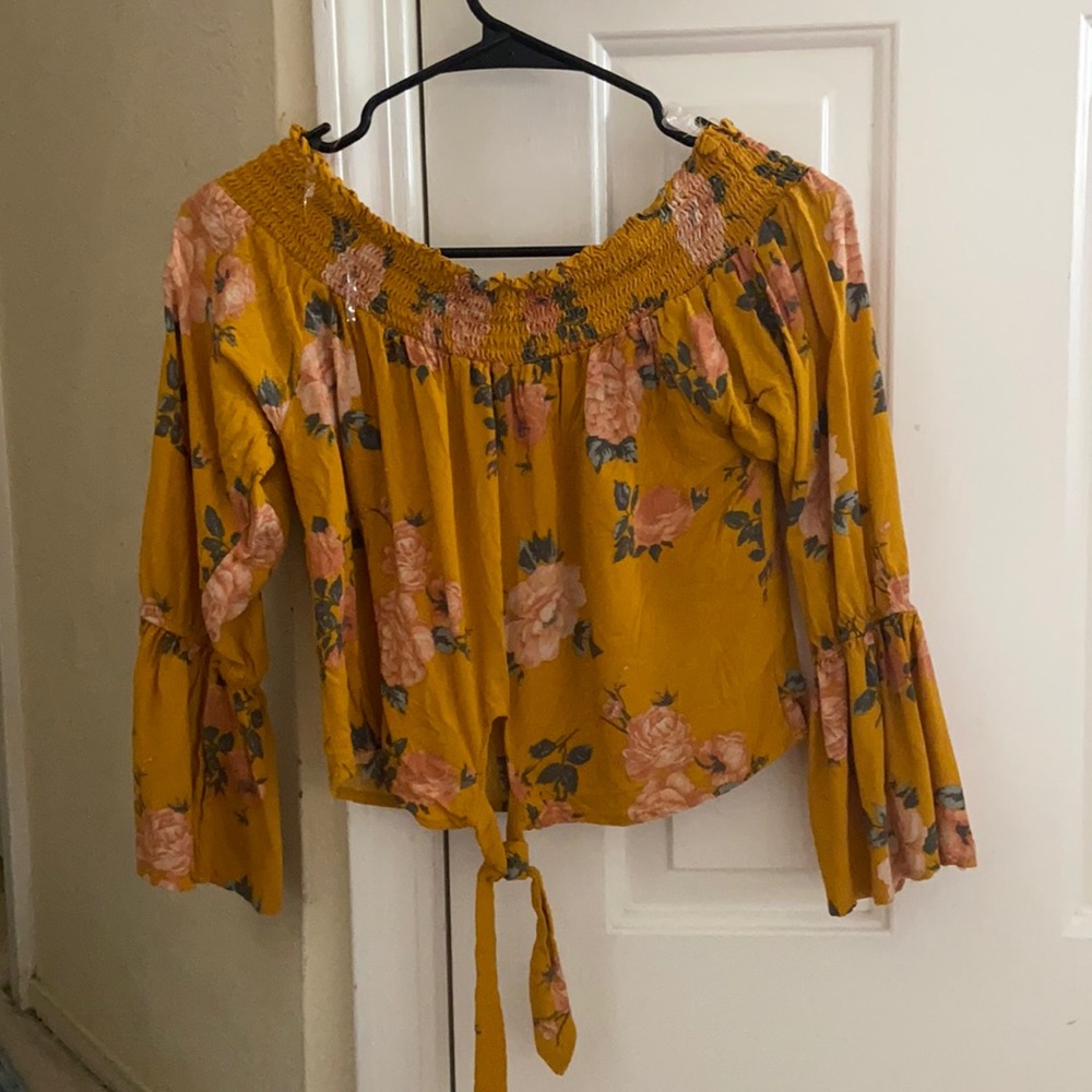 Mustar yellow, floral off-shoulder top
